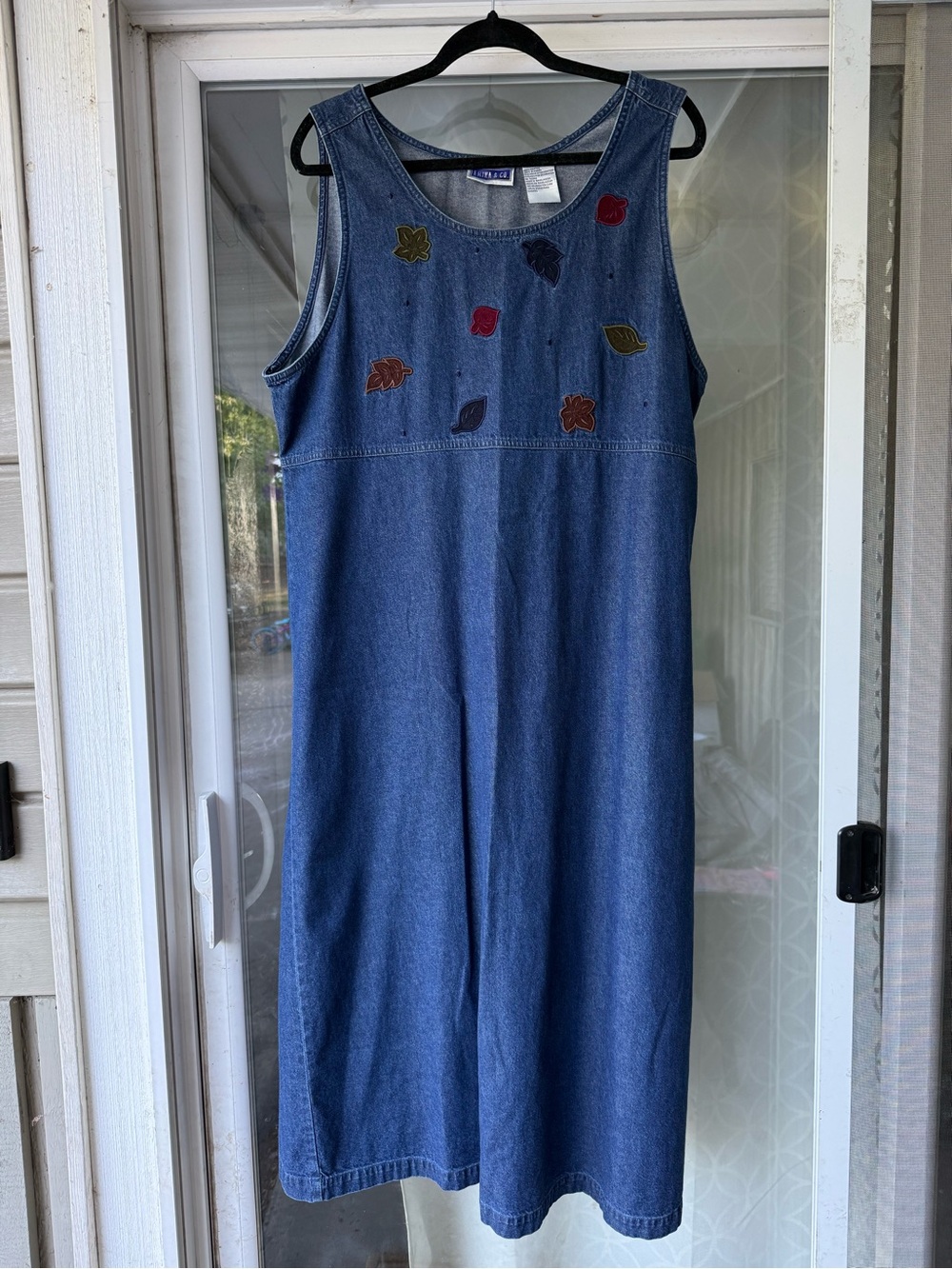Vintage 90s Erika & Co. Denim Midi Dress with Embroidered Fall Leaves size XL